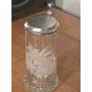 Vintage Rastal West Germany Cut Glass Beer Stein Pewter Lid Etched Hops Wheat...